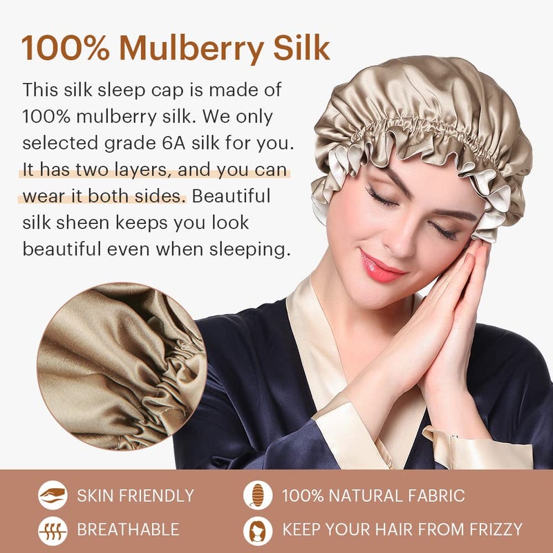 LilySilk Pure Silk Lined Cap for Women Sleep, Double Layered, Adjustable Ribbons, Luxury Natural Silk Bonnet Cap for Sleeping Coffee+White - Image 5